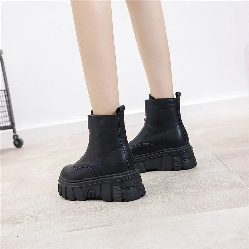 Genuine Leather Front Zipper Women' Ankle Boots 2019 Fashion Style Women Winter Warm Platform Boots Ladies Chunky Shoes