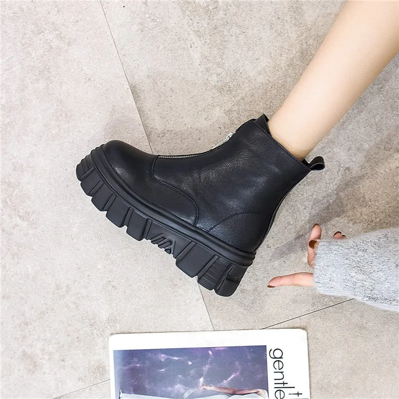 Genuine Leather Front Zipper Women' Ankle Boots 2019 Fashion Style Women Winter Warm Platform Boots Ladies Chunky Shoes