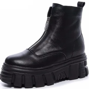 Genuine Leather Front Zipper Women' Ankle Boots 2019 Fashion Style Women Winter Warm Platform Boots Ladies Chunky Shoes