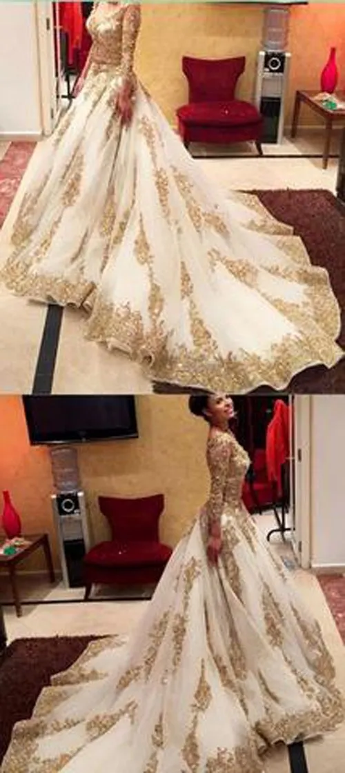 Gold Lace Beaded V-Neck Long Sleeves Ball Gown Wedding Dresses with Chapel Train, MW154