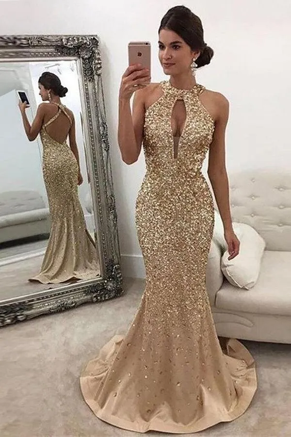 Gold Sequin Mermaid Sleeveless Halter Sweep Train Prom Dresses, MP299