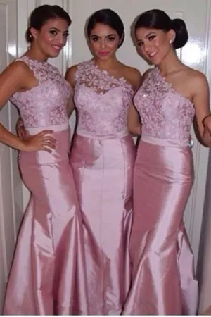 Gorgeous Pink Mermaid One Shoulder Long Bridesmaid Dresses with Lace, MB161
