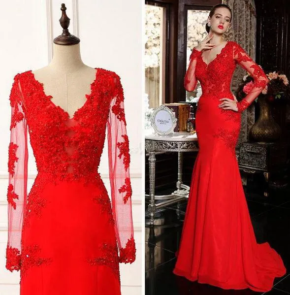 Gorgeous Red V-neck Long Sleeves Mermaid Satin Prom Dresses With Appliques, MP414