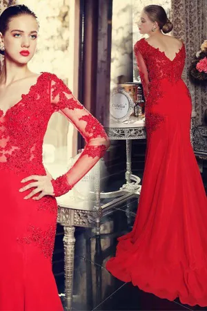 Gorgeous Red V-neck Long Sleeves Mermaid Satin Prom Dresses With Appliques, MP414