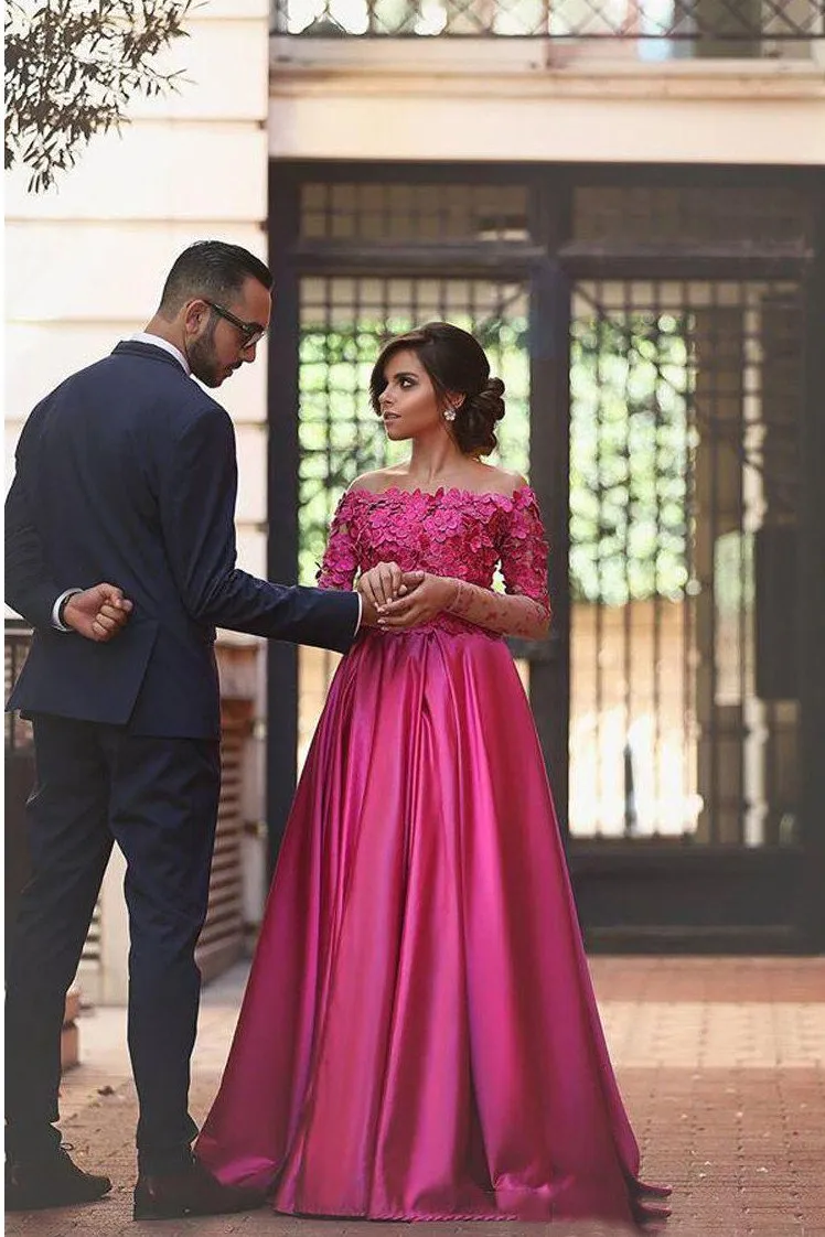 Gorgeous Satin Off Shoulder Long Sleeves Prom Dresses with Appliques, MP289