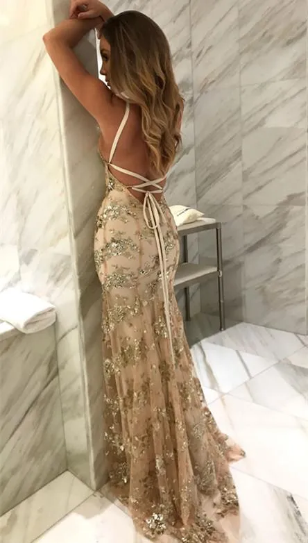 Gorgeous Tulle Spaghetti Straps Lace Mermaid V-neck Long Prom Dresses, MP231