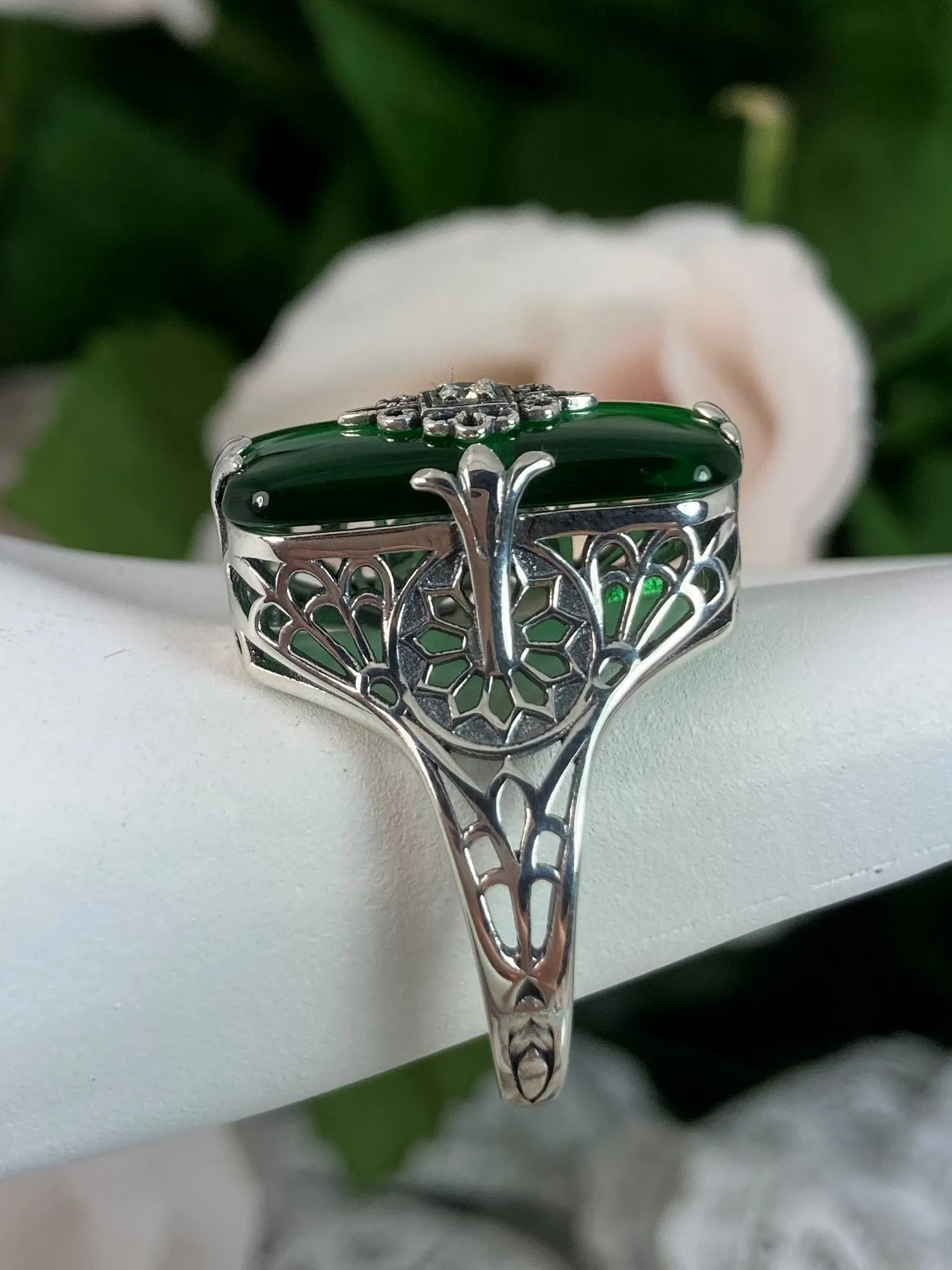 Grace Ring, Emerald Green Glass, Edwardian Style Jewelry #D233