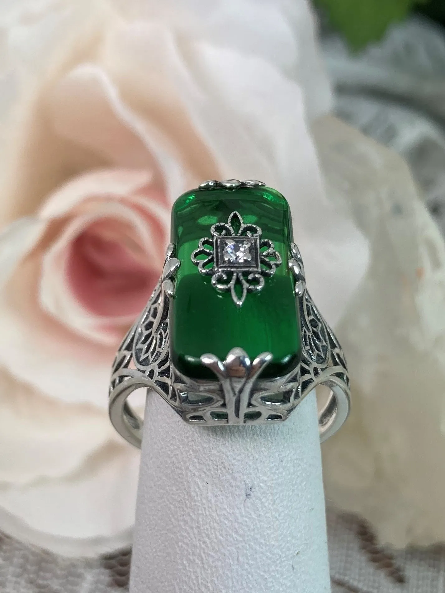 Grace Ring, Emerald Green Glass, Edwardian Style Jewelry #D233