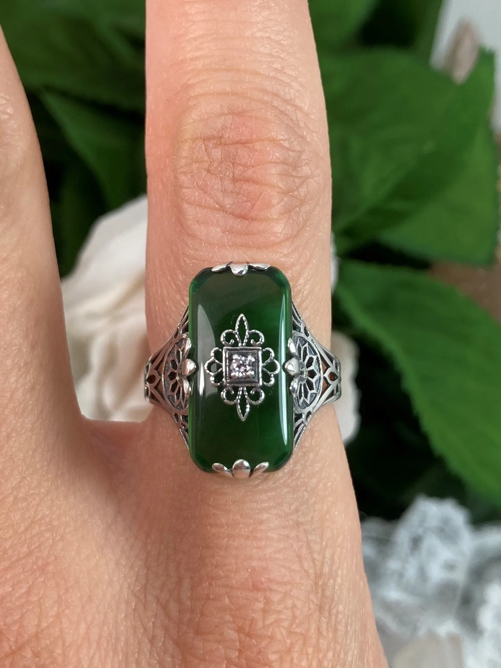 Grace Ring, Emerald Green Glass, Edwardian Style Jewelry #D233