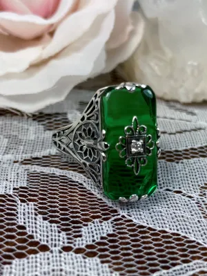 Grace Ring, Emerald Green Glass, Edwardian Style Jewelry #D233