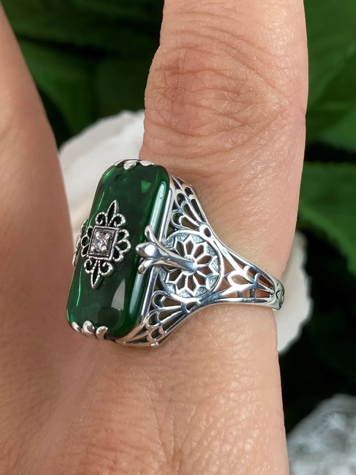 Grace Ring, Emerald Green Glass, Edwardian Style Jewelry #D233