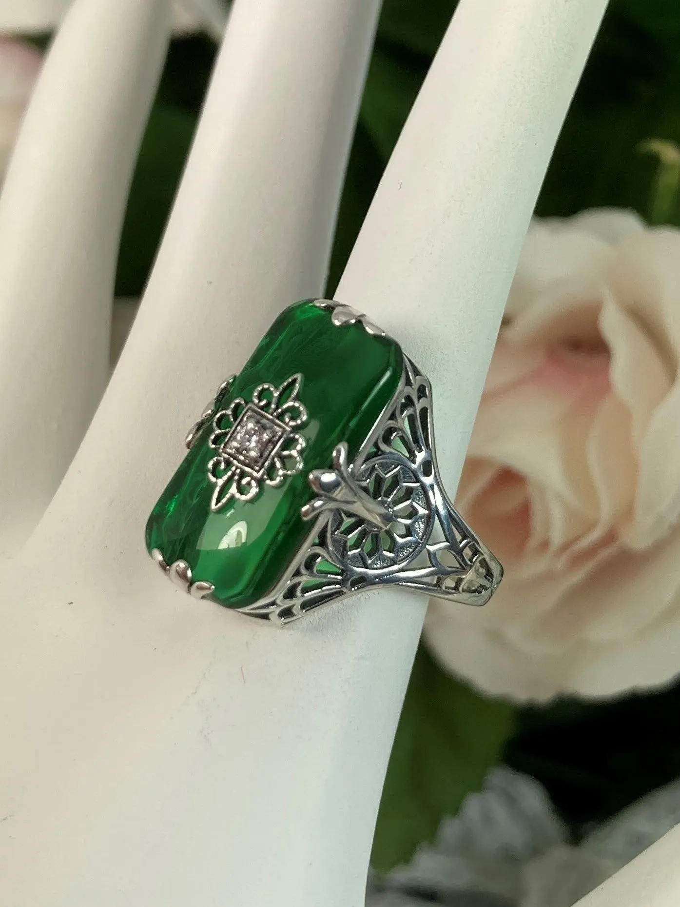 Grace Ring, Emerald Green Glass, Edwardian Style Jewelry #D233