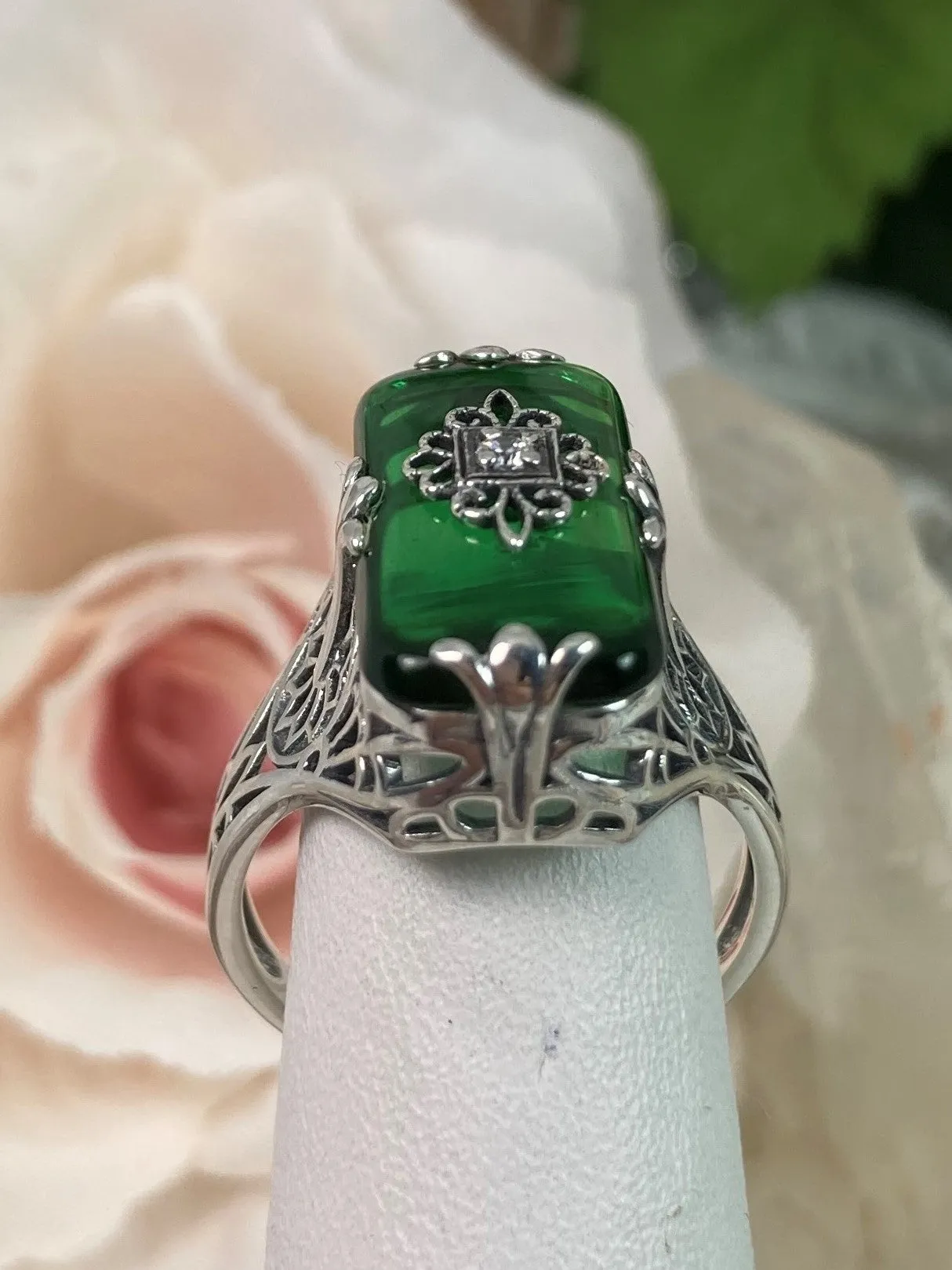 Grace Ring, Emerald Green Glass, Edwardian Style Jewelry #D233