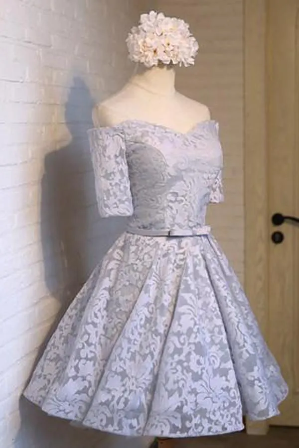 Gray Off Shoulder Half Sleeve Lace Up Homecoming Dress With Appliques, MH216