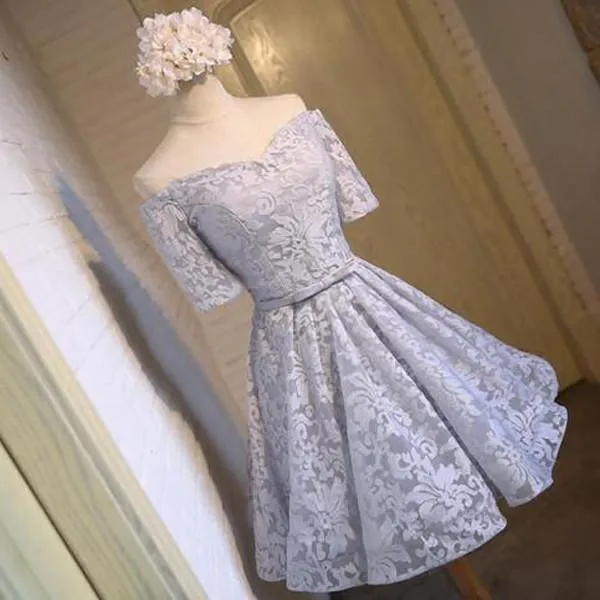 Gray Off Shoulder Half Sleeve Lace Up Homecoming Dress With Appliques, MH216