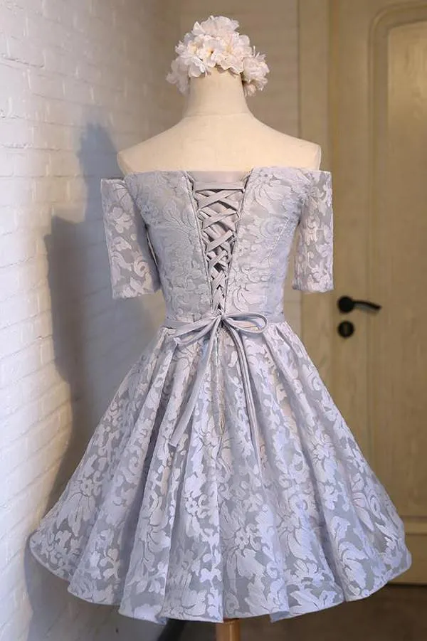 Gray Off Shoulder Half Sleeve Lace Up Homecoming Dress With Appliques, MH216