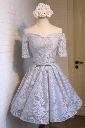 Gray Off Shoulder Half Sleeve Lace Up Homecoming Dress With Appliques, MH216
