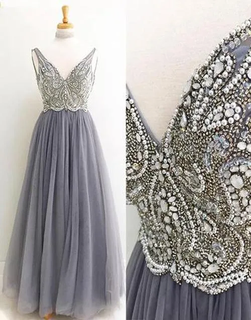 Gray Tulle V Neck Floor Length Long Prom Dress With Beading, Evening Dress, MP240