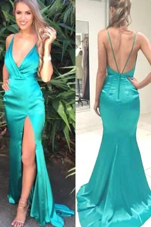 Green Jade Split Deep V-Neck Long Prom Dresses With Sweep Train, MP247