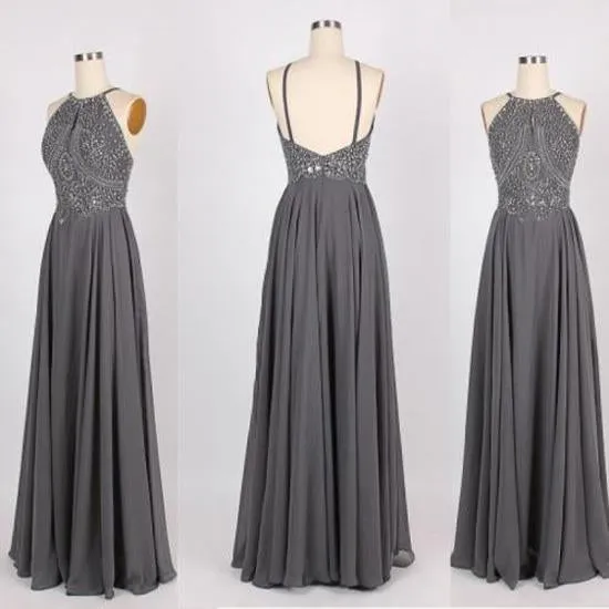 Grey Chiffon Halter Beaded Long Prom Dresses Formal Dress for Girls, MP251