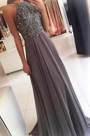 Grey Chiffon Halter Beaded Long Prom Dresses Formal Dress for Girls, MP251