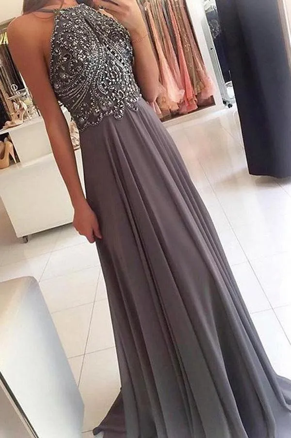Grey Chiffon Halter Beaded Long Prom Dresses Formal Dress for Girls, MP251