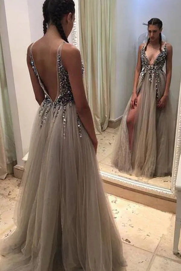 Grey Deep V-neck Backless Split Beaded Prom Dress with Sweep Train, MP248