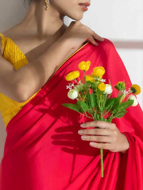 Hannah Pink and Yellow Crepe Saree with Yellow Sequin blouse fabric