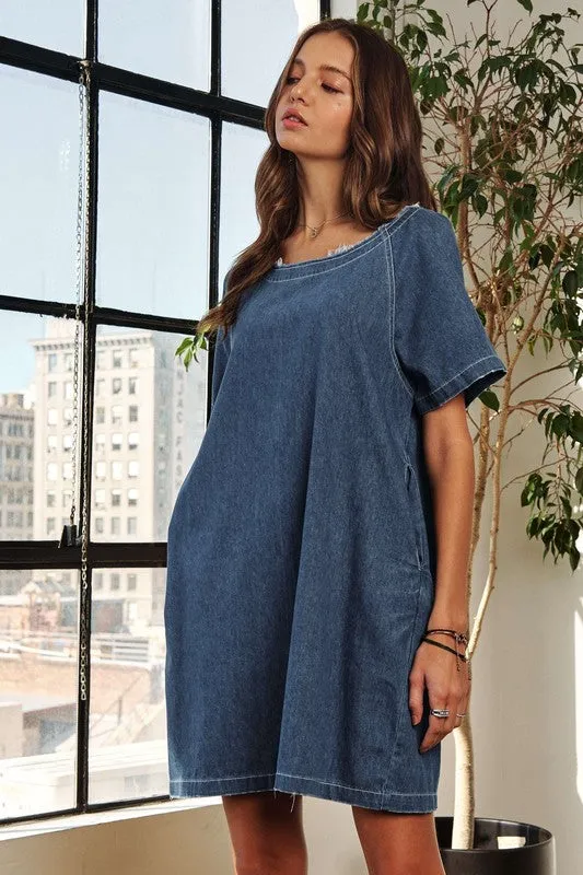 Hazel Blues® |  ADORA Raw Hem Mini Denim Dress with Pockets