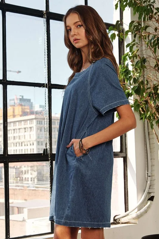 Hazel Blues® |  ADORA Raw Hem Mini Denim Dress with Pockets
