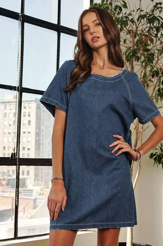 Hazel Blues® |  ADORA Raw Hem Mini Denim Dress with Pockets