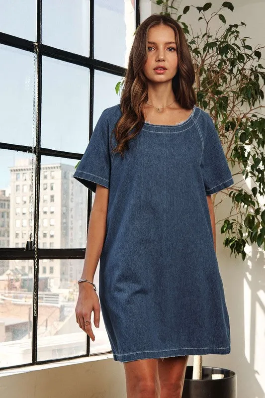 Hazel Blues® |  ADORA Raw Hem Mini Denim Dress with Pockets