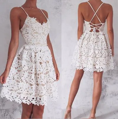 Ivory A-Line Spaghetti Straps Lace-Up Short Prom Dress, Homecoming Dress, MH229