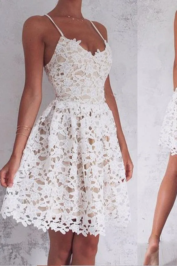 Ivory A-Line Spaghetti Straps Lace-Up Short Prom Dress, Homecoming Dress, MH229