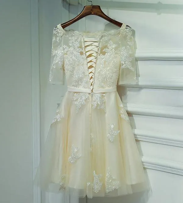 Ivory Half Sleeve Off Shoulder Lace Up Appliques Short Homecoming Dresses, MH233