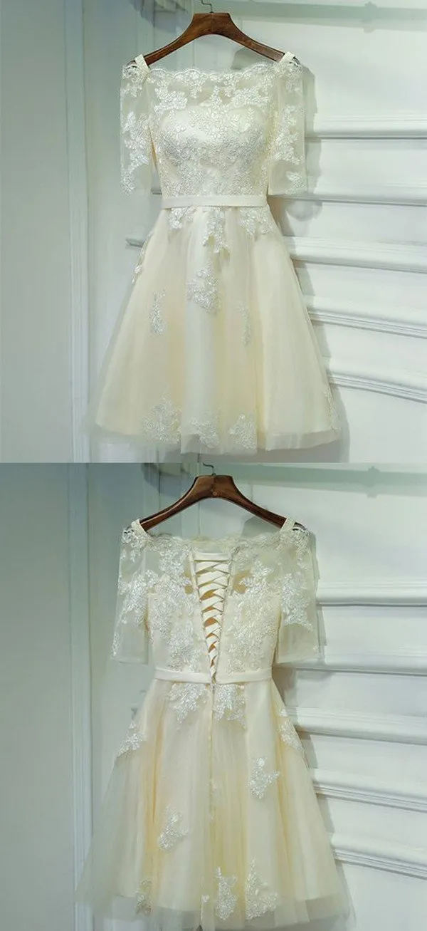 Ivory Half Sleeve Off Shoulder Lace Up Appliques Short Homecoming Dresses, MH233