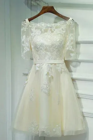 Ivory Half Sleeve Off Shoulder Lace Up Appliques Short Homecoming Dresses, MH233
