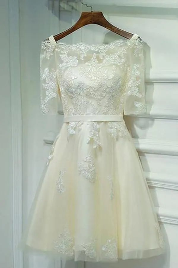 Ivory Half Sleeve Off Shoulder Lace Up Appliques Short Homecoming Dresses, MH233