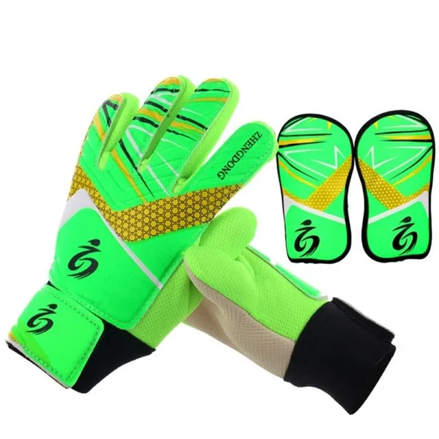Kids Football Soccer Goalkeeper Anti-Slip Training Gloves Breathable Gloves with Leg Guard Protector Team Sports