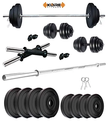Kore PVC 30 Kg Home Gym Set With One 4 Ft Plain Rod And One Pair Dumbbell Rods, Multicolour
