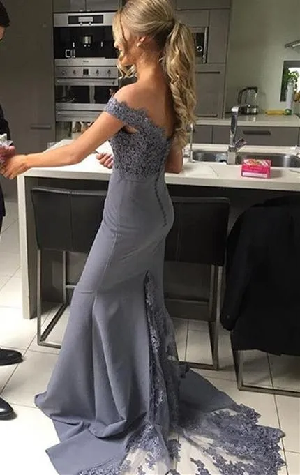 Lace Sweetheart Mermaid Off Shoulder Sweep Train Bridesmaid Dresses, MB177