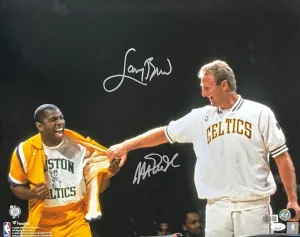 Larry Bird Magic Johnson Signed 16x20 Boston Celtics Shirt Pull Photo JSA BAS