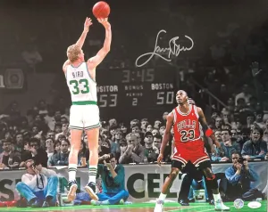 Larry Bird Signed 16x20 Boston Celtics vs Michael Jordan Photo Bird JSA ITP