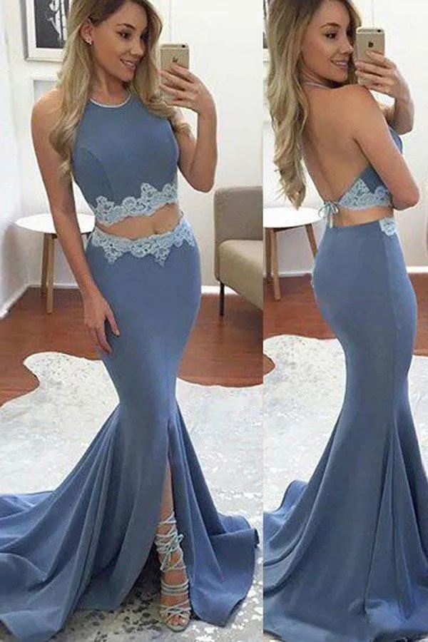 Lavender Satin Two Piece Sweep Train Long Prom Dress With Front Split, MP291