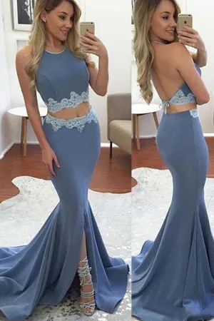 Lavender Satin Two Piece Sweep Train Long Prom Dress With Front Split, MP291