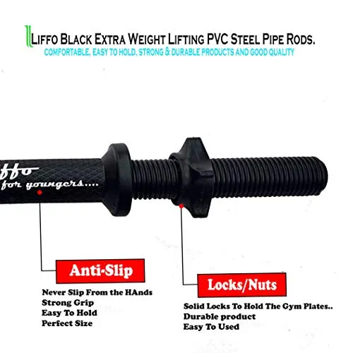 Liffo® 15-inch Dumbbell Rod with Plastic Nuts Weight Lifting Bar Black (Pack of 2 Pcs)