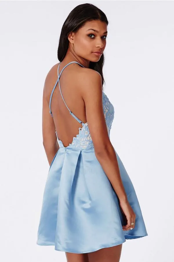 Light Blue Halter Tie Back Appliques Cheap Homecoming Dress, Party Dress, MH244
