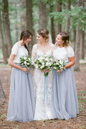 Light Grey Tulle Skirt White Top Short Sleeve Long Bridesmaid Dresses, MB169