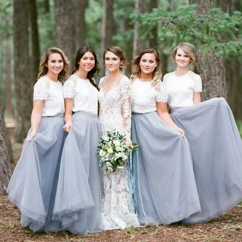 Light Grey Tulle Skirt White Top Short Sleeve Long Bridesmaid Dresses, MB169