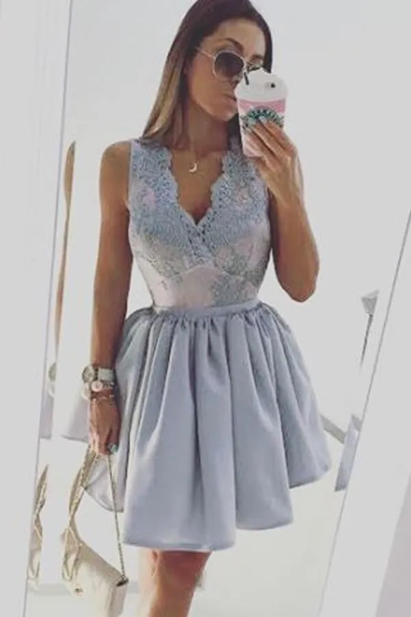 Light Lavender Deep V Neck Appliques Cheap Homecoming Dress, Party Dresses, MH231